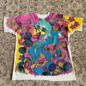 Vintage Single Stitch All Over Coral Handprinted Fish and Crustacean Tee